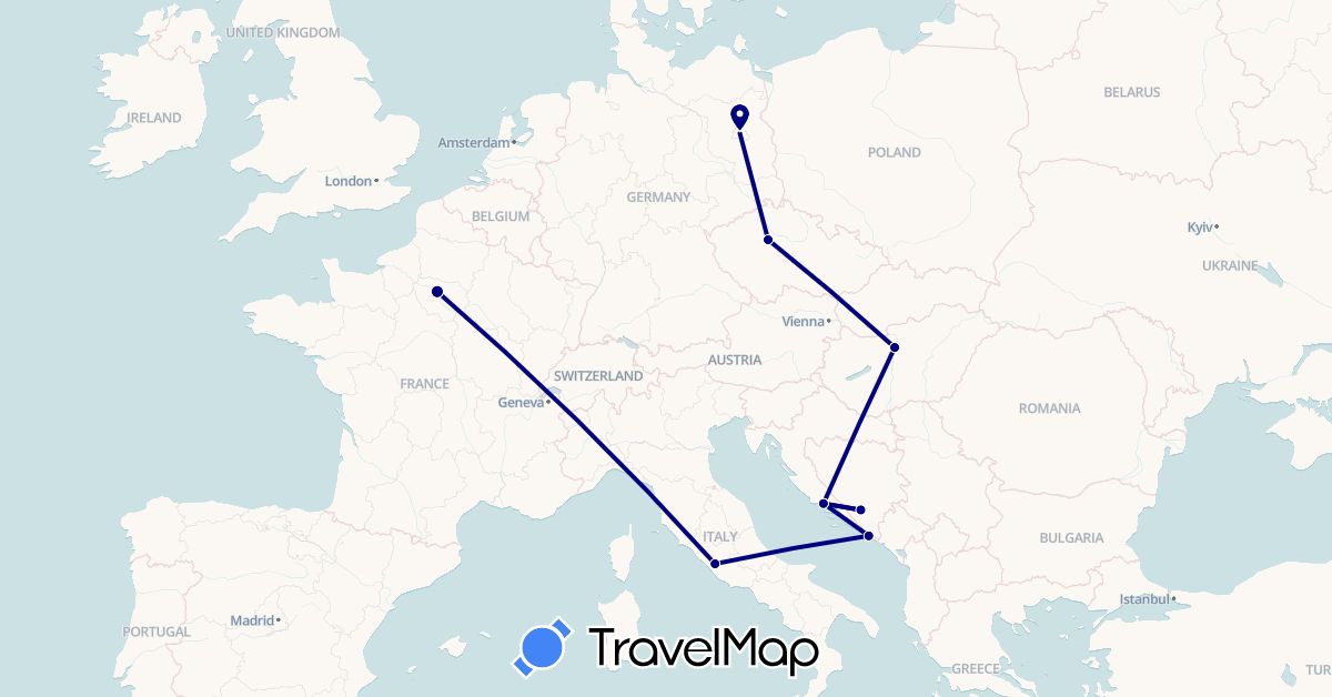 TravelMap itinerary: driving in Bosnia and Herzegovina, Czech Republic, Germany, France, Croatia, Hungary, Italy (Europe)
